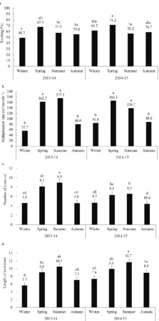 Figure 3. Rooting percentage (a), multiplication rate (b), number  of roots (c), and average length of three major roots (d) in P