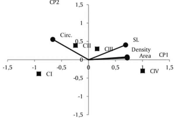 Figure 4. Biplot graph obtained by grouping variables related to  characteristics of seeds and seedlings, classified into different  categories for the cultivar Ramoso Santana