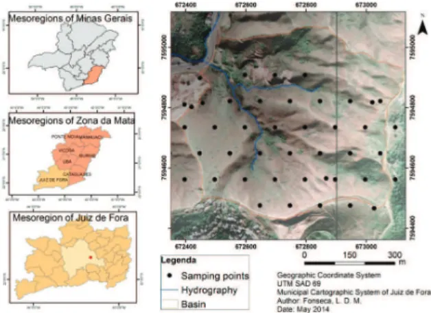 Figure 1. Distribution map of sampling points in the Yung sub- sub-basin in the urban district Três Moinhos, Juiz de Fora, Minas  Gerais State 
