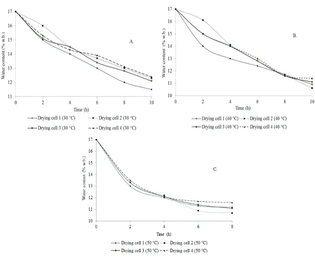 Figure 2. Drying curves of soybean grains as a function of the cells, (A) temperature of 30°C, (B) temperature of 40°C, and (C)  temperature of 50°C