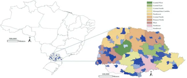 Figure 1. Spatial distribution of the agrometeorological data collection stations in the State of Paraná, Brazil