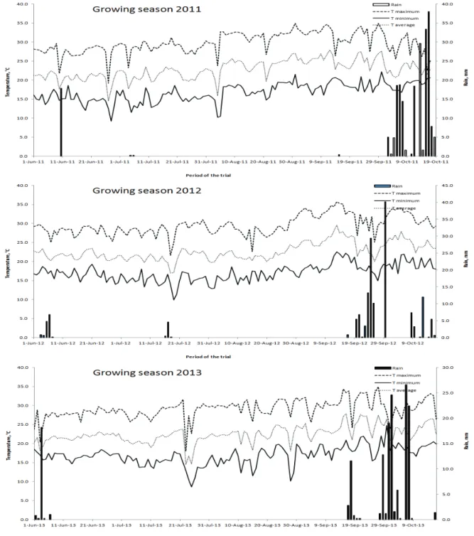 Figure 1. Temperature and rainfall in the experimental area during the experiment (June 2011 to Sept