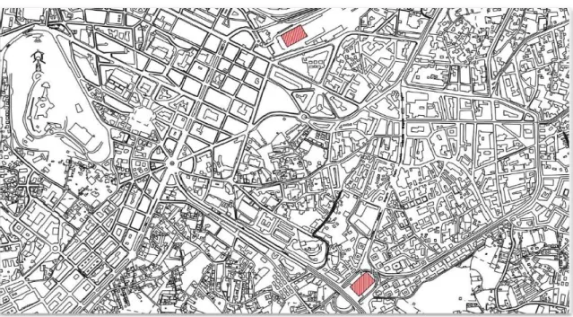 Fig.34. Mapa a 1.20.000 de la localización de las estaciones de trenes en Urzaiz, y estación de buses en la  avenida de Madrid 