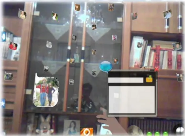 Fig. 7. The interaction with the Epione Vault using the AR-based reconstructed right hand, for a task of chating with the communicty of  amputee's friends, in an augmented reality user-scenario (being in his room at his home)