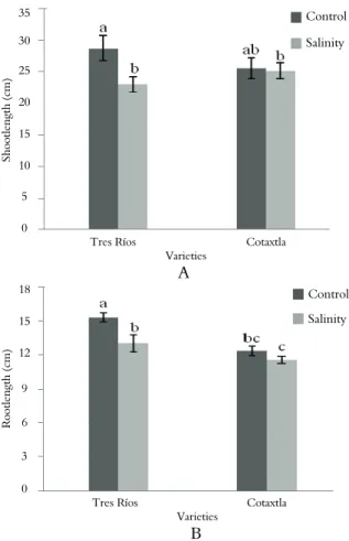 Table 1. Results of analysis of variance (ANOVA) of variety,  NaCl concentration (NaCl) and their interaction (Variety x  NaCl) for shoot length and root length of rice plants