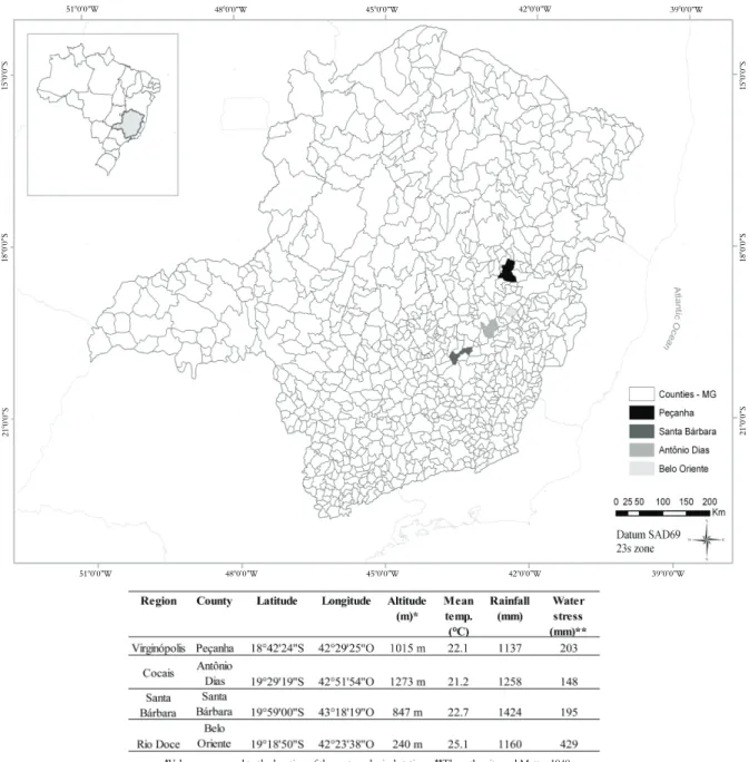 Figure 1. Location of the studied counties and meteorological stations in the State of Minas Gerais