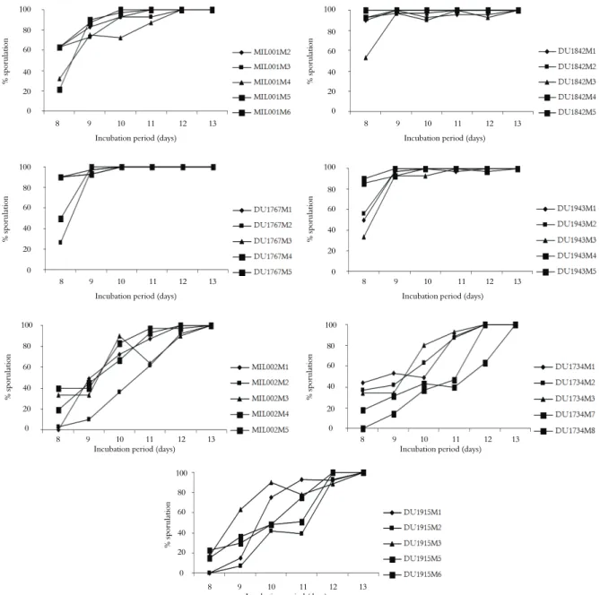 Figure 1. Sporulation of 35 Plasmopara halstedii isolates of seven races on the sunflower inbred line `FU`, based on incubation period