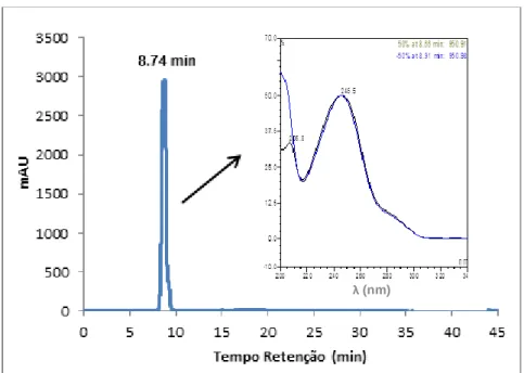 Figura 2.5 – Cromatograma obtido para o padrão do APAP em tampão BR pH 6 e o respectivo  perfil de UV-Vis