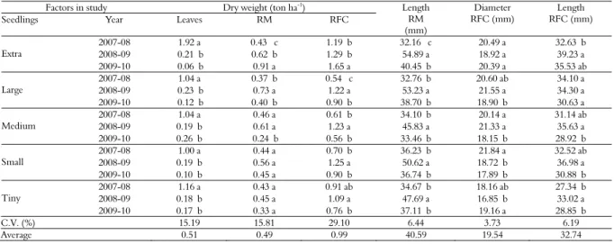 Table 3. Dry weight of leaves, corms (RM) and commercial cormels (RFC), length of RM and diameter and length of RFC proceeding  from plants propagated with five seedling types, in three crop seasons