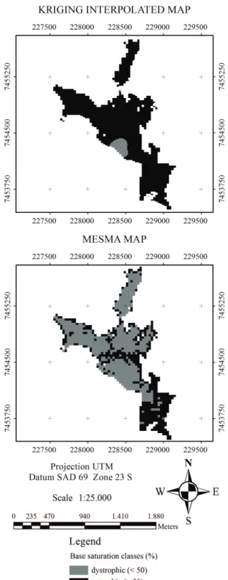 Figure 5. Kriging interpolated map and MESMA map of base  saturation of the area. 