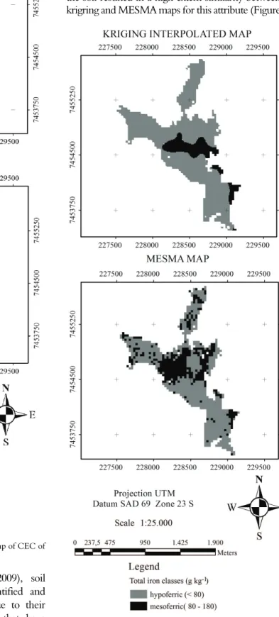 Figure 7. Kriging interpolated map and MESMA map of total  iron of the area. 