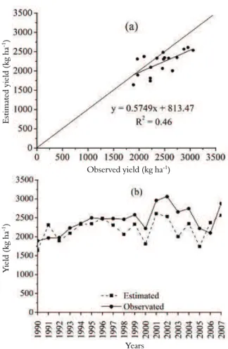 Figure 3. Relationship between the observed and estimated  soybean actual yield (YP = 1.3*YmO) and their interannual  variability (b) in Londrina, Paraná State