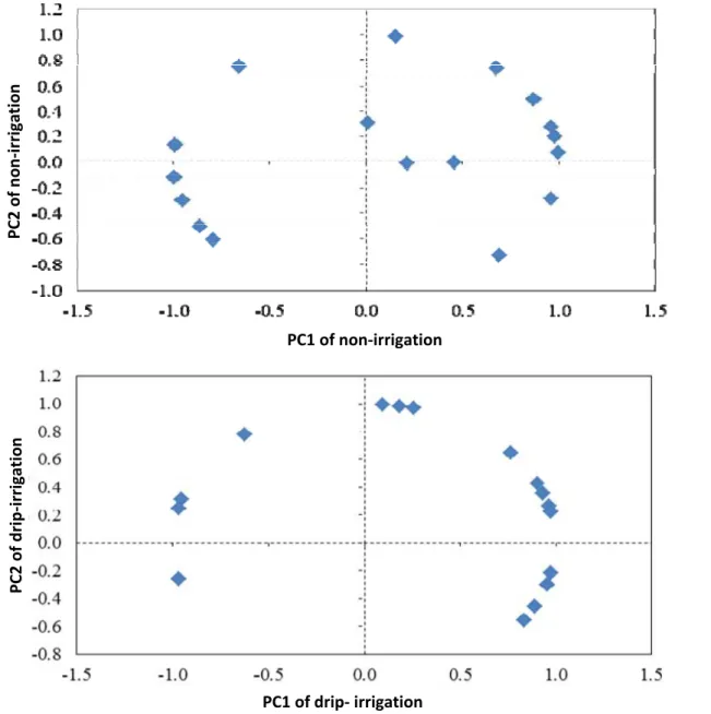 Figure 5.  First (PC1) versus second (PC2) principal component according to the method of irrigation