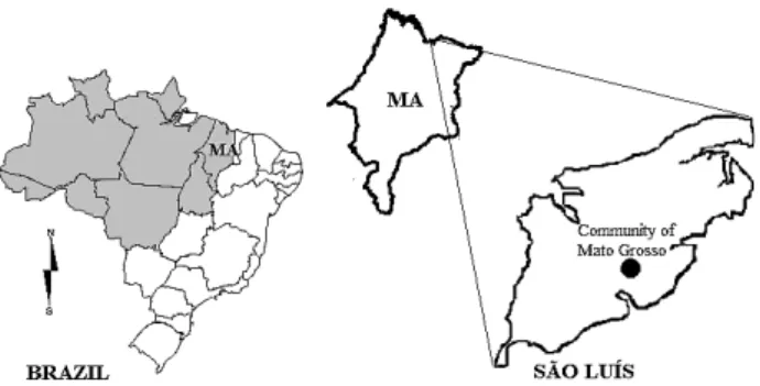 Figure 1. Map of Brazil highlighting the legal Amazon region (in gray), Maranhão  state, and the location of Mato Grosso community on São Luís Island, where the  study sites were located.