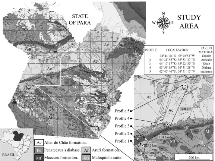 Figure 1. Location of the five profiles in the study area along the BR-163 highway in western Pará state, Brazil.
