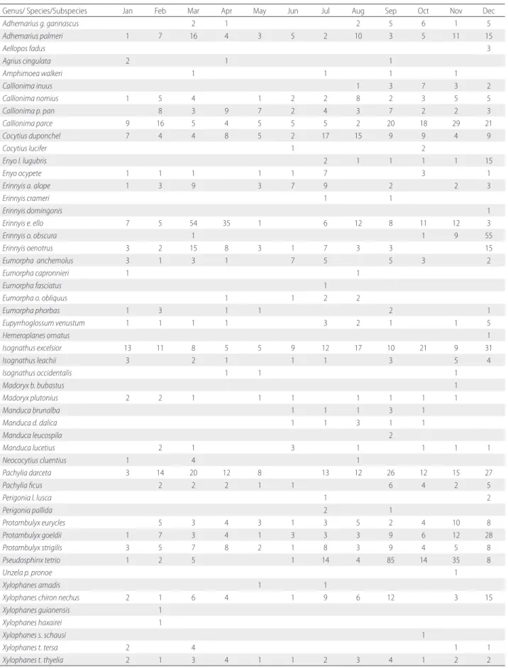 Table 2. Number of individual hawkmoths per month during one year of sampling on the ZF-2 tower, Tropical Silviculture Experimental Station, Manaus, Amazonas, Brazil