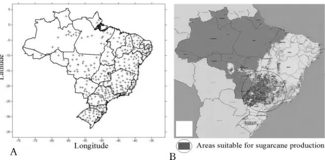 Figure 1. A - Geographical distribution of automatic weather stations of the Brazilian National Institute of Meteorology (INMET) and  Agronomy Institute of Campinas (IAC)
