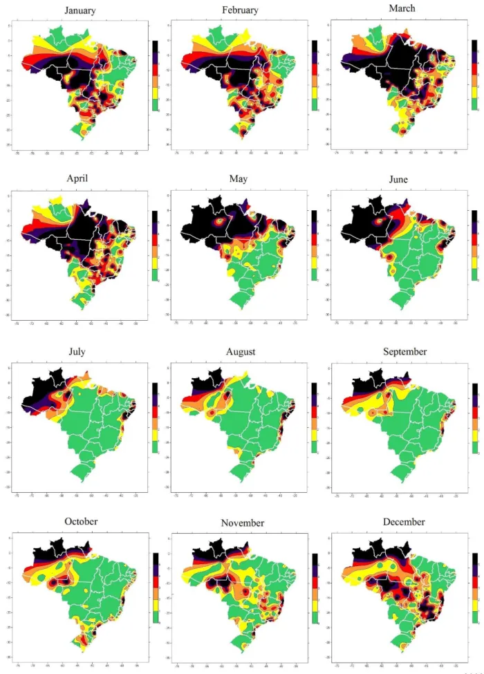 Figure 4. Risk zone maps for P. kuehnii infection in Brazil from January to December 2008 developed based on the average of daily  favorable hours (DFH) with temperatures between 17 and 24ºC and humidity above 97%