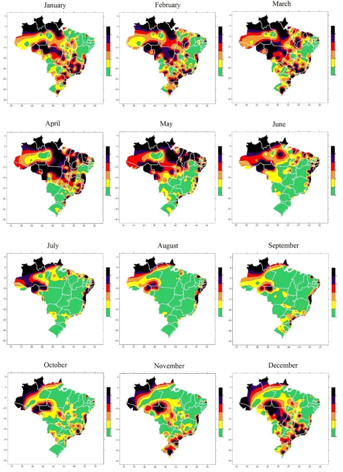 Figure 5. Risk zone maps for P. kuehnii infection in Brazil from January to December 2009 developed based on average of daily  favorable hours (DFH) with temperatures between 17 and 24ºC and humidity above 97%