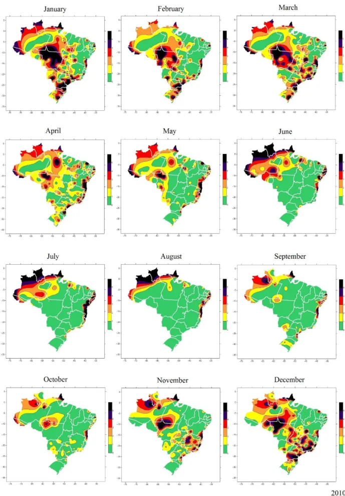 Figure 6. Risk zone maps for Puccinia kuehnii infection in Brazil from January to December 2010 developed based on average of daily  favorable hours (DFH) with temperatures between 17 and 24ºC and humidity above 97%