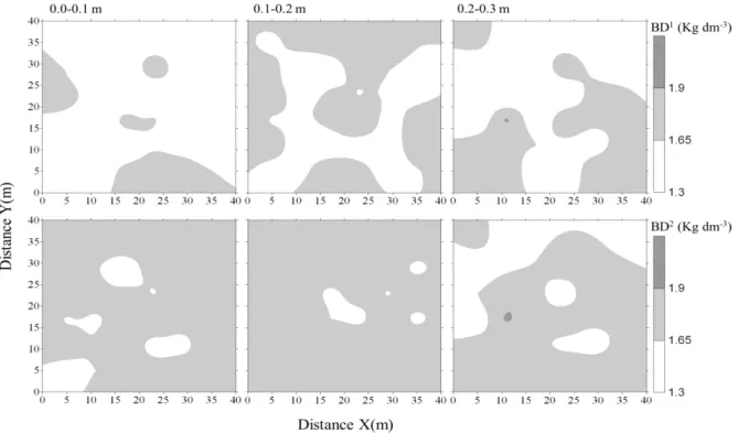 Figure 3. Kriging maps of BD¹ (kg dm -3 ) before grazing time and BD² (kg dm -3 ) after grazing time
