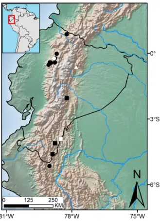 Figure 5 - Known distribution of Atractus atlas (squares),  Atractus gigas (dots), and Atractus touzeti (triangles)