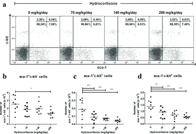 Figure 2 - Effect of  in vivo  treatment with hydrocortisone on B cell progenitors.  Mice were injected with diluent  or hydrocortisone (70, 140 or 200 mg/kg/day) for 3 consecutive days