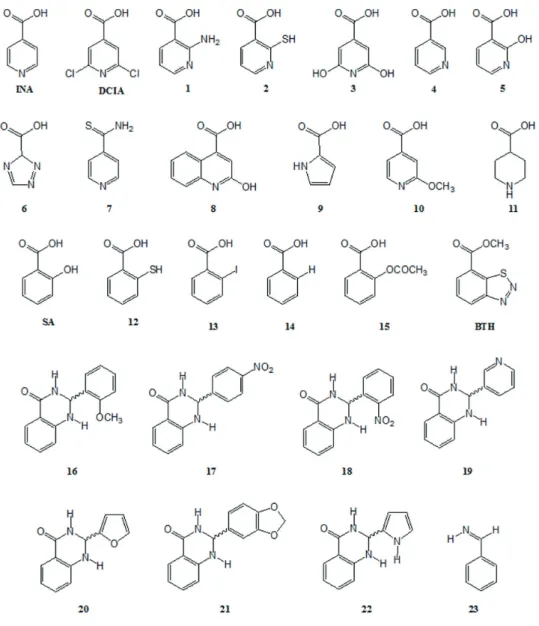 Figure 5 -  Chemical structures of compounds evaluated as elicitors. Structurally related compounds  to INA (DCIA and 1-11) and SA (BTH, and 12-23) were taken out.
