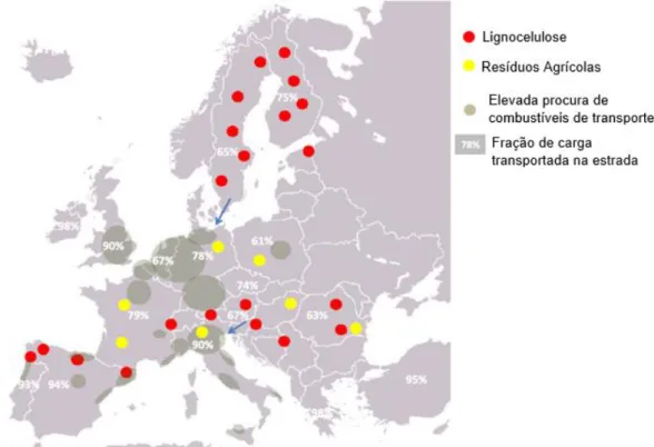 Figura 7 -  Potenciais biomassas para produção de biocombustíveis na Europa e diversas áreas para a  procura de combustíveis para transportes (adaptado de  [12] )
