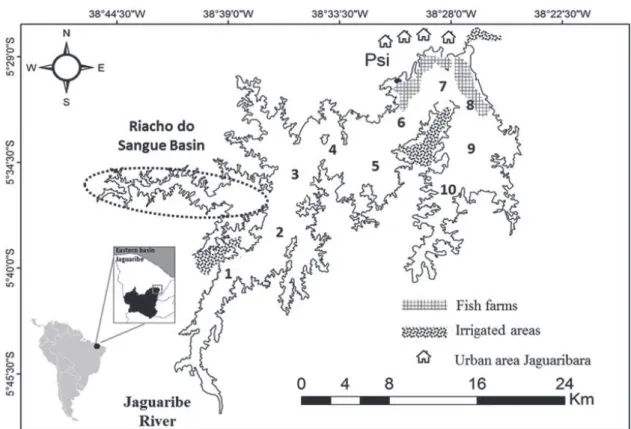 Figure 1 - The lake and basin of the Castanhão reservoir, Ceará State, NE Brazil, showing most signifi cant anthropogenic  activities