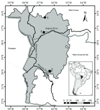 Figure 1 - Pantanal floodplain located in central-western  Brazil, with the capture and gold mining sites, indicated by  point location