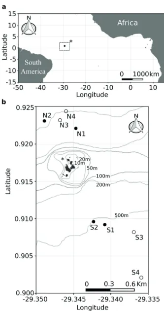 Figure 1 - Location of the ASPSP in the South Atlantic Ocean  (a) and locations of the sampling sites around the archipelago  (b)