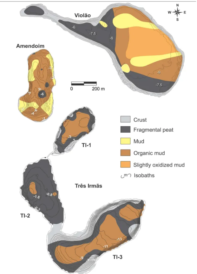 Figure 5 - Sedimentological map of the Violão, Amendoim and Três Irmãs lakes.