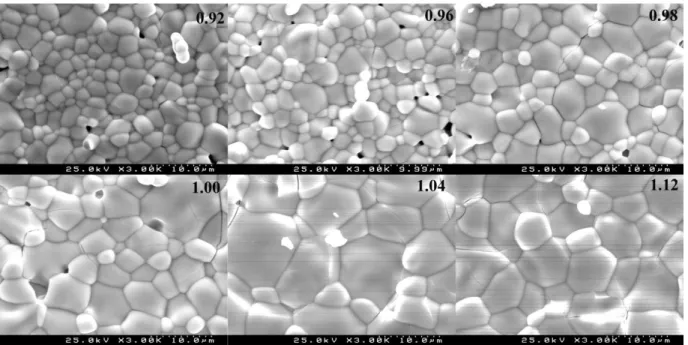 Figure  ‎ 4-15  presents  the  evolution  of  grain  size  and  porosity  of  LuMn x O 3±    with  high  temperature  annealing  time  of  three  selected  compositions,  one  from  each  side  of  the  solid  stability  limit  of  the  solid  solution  a