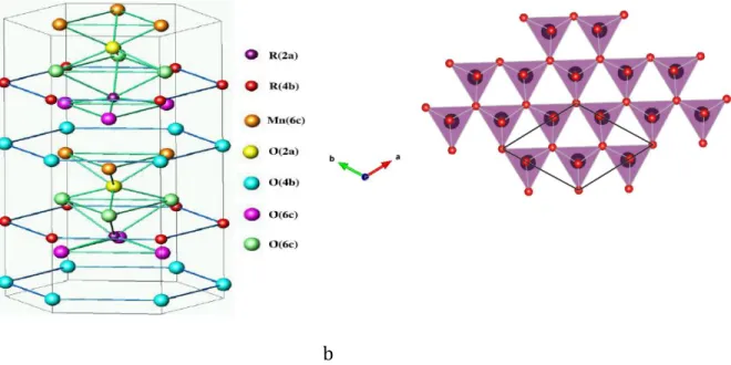 Figure  ‎ 2-2.(a). Schematic  representation  of  the  unit  cell  in  h-RMnO 3   with  atomic  positions  and  their  corresponding  Wyckoff  positions  [26]