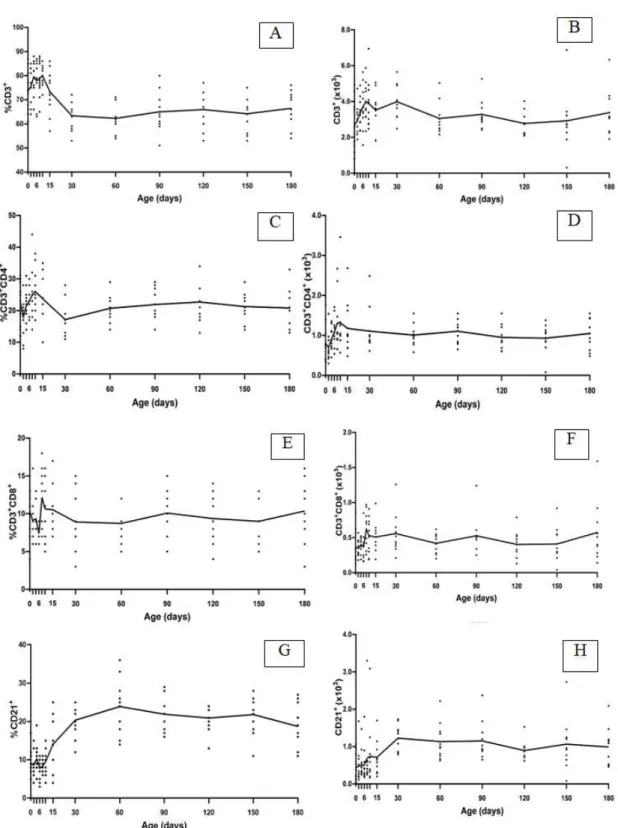 Figure  1.  Mean  and  individual  values  of  T  and  B  lymphocytes  population  in  blood  of  Holstein  calves  from birth up to six months of age 