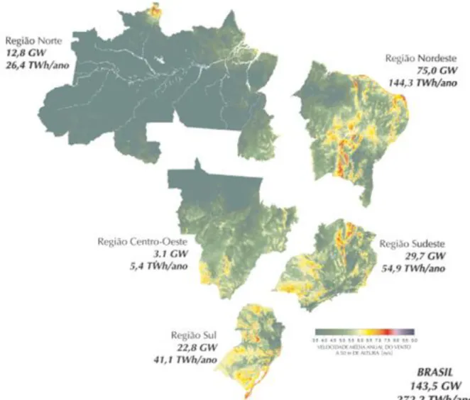 Figura 1.7: Potencial eólico estimado para vento médio anual igual ou superior a 7 m/s