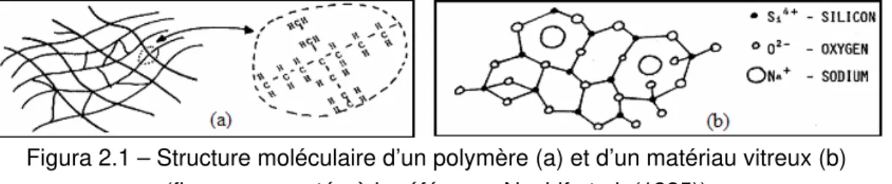 Figura 2.1 – Structure moléculaire d’un polymère (a) et d’un matériau vitreux (b)   (figure empruntée à la référence Nashif et al