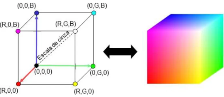 Figura 2.1 - Representação do cubo RGB. (a) Evolução da cor ao longo dos seus eixos e (b) composição da  versão sólida do cubo RGB