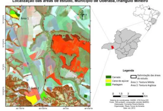 Figura 1. Localização da área de coleta do solo de textura média (Área 1) no cultivo de  cana-de-açúcar localizado entre os municípios de Uberlândia - Uberaba, no Triângulo  Mineiro