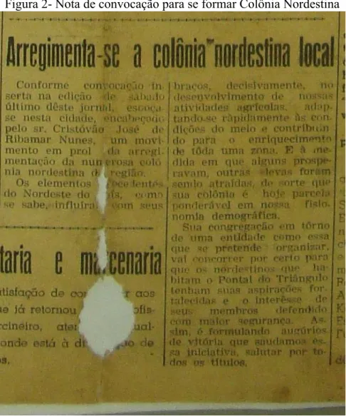 Figura 2- Nota de convocação para se formar Colônia Nordestina 