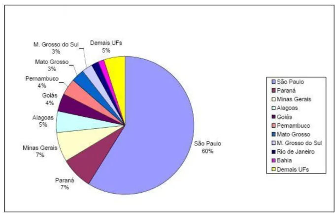 Gráfico 1 - Produção de cana por Unidade Federativa em 2006. 