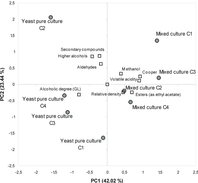 Figure 4. Principal component analysis for the physico-chemical analysis of the beverages produced from S