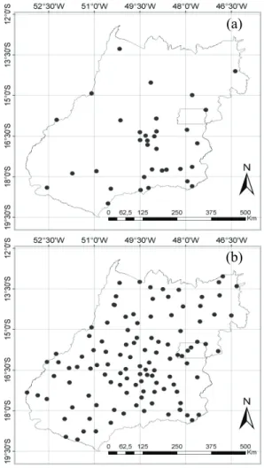 Figure 1a and b show the spatial distribution of  weather stations in the state of Goiás