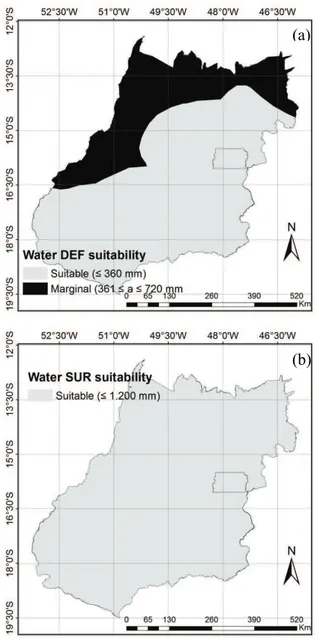 Figure 3. a) Annual water deficit and b) water surplus for the  state of Goiás. 