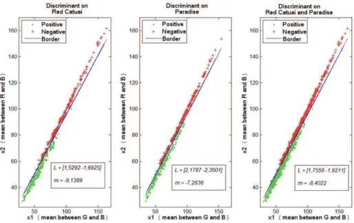 Figure 4. Distribution of variable values descriptors around the limit between the populations (positive and negative)