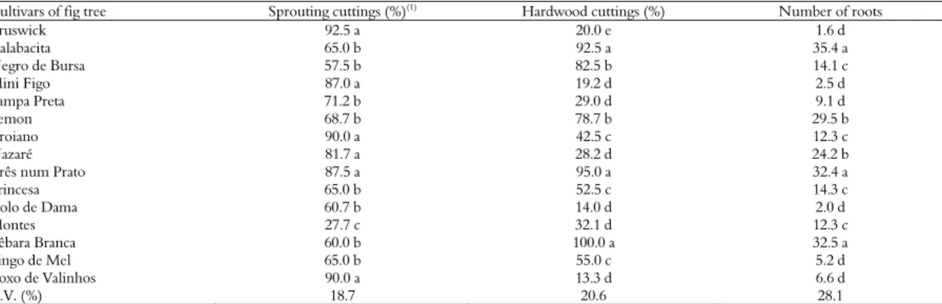 Table 4. Percentage of sprouting, rooting and number of roots per cutting in herbaceous cuttings by the sprout removal from diferentes  cultivars of fig tree