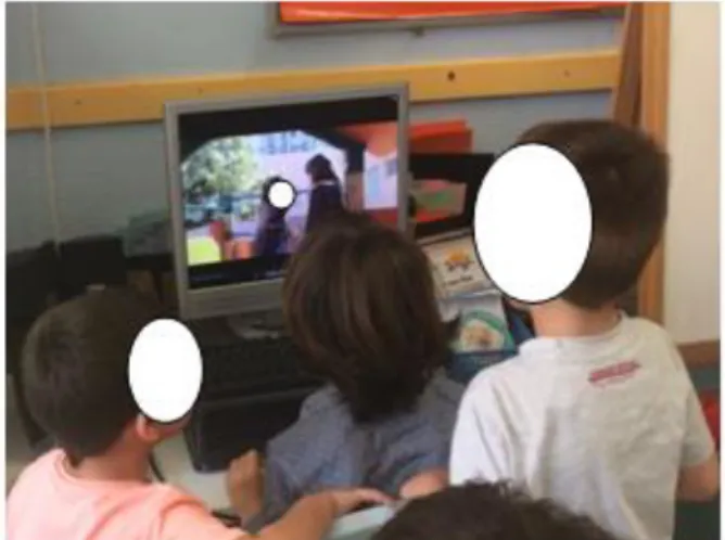 Figura 4. Crianças a assistirem a um dos vídeos da sua autoria 