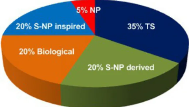 Figure 1  - Drug origins: TS, totally synthetic; S–NP inspired,  synthetics inspired by NPs; S–NP derived, synthetics derived  from NPs; Biologicals + vaccines; NP, isolated NPs.