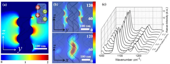 Figure 11 - Near field intensity distribution of (a) single nanohelix, and (b) array of silver nanohelices weakly coupled